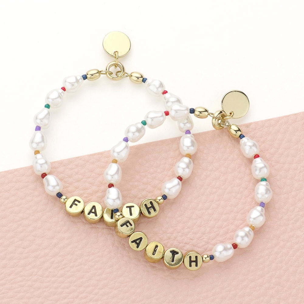Gold Cream Pearl FAITH Worded Beaded Circle Dangle Hoop Earrings